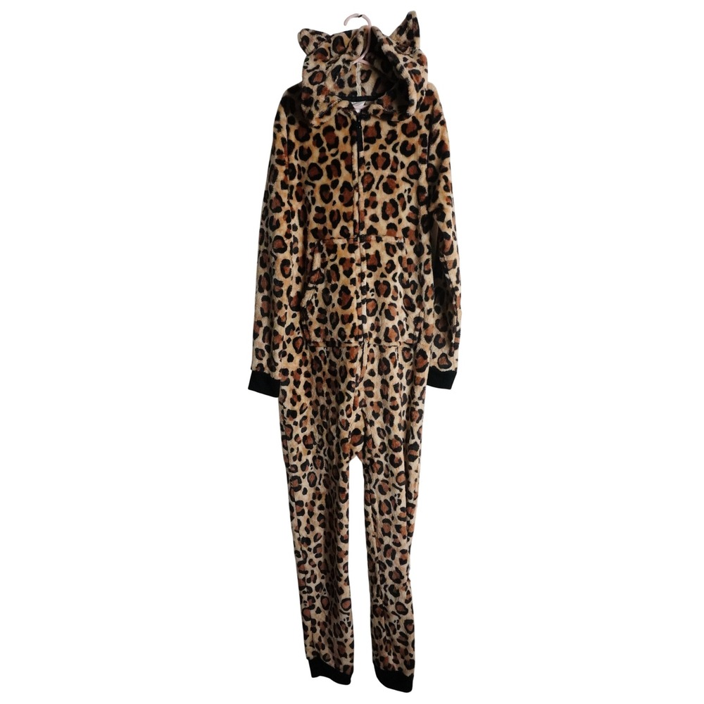 Cat & Jack Hooded Union Suit XL 14 Leopard Animal Print Faux Fur Brown NWOT